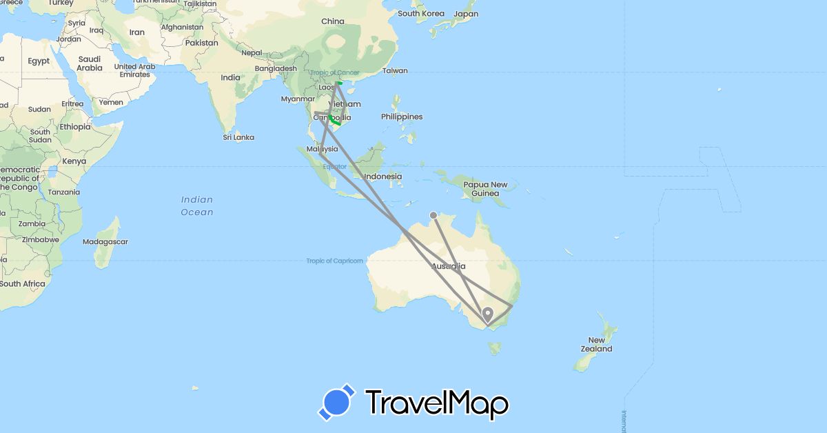 TravelMap itinerary: driving, bus, plane in Australia, Cambodia, Malaysia, Thailand, Vietnam (Asia, Oceania)